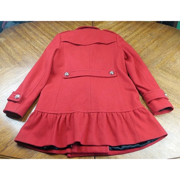 Juicy Couture Coat Size Small Red Italian Wool Jacket Ruffle Trim Pea Coat - Picture 11 of 15